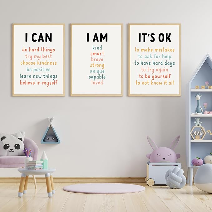Kids Affirmation Wall Art Positive Canvas Wall Decor Inspirational Quotes Wall Art Motivational Words Pictures Daily Affirmations Poster Nursery Prints for Playroom Children Room 12x16x3 Inch Unframed