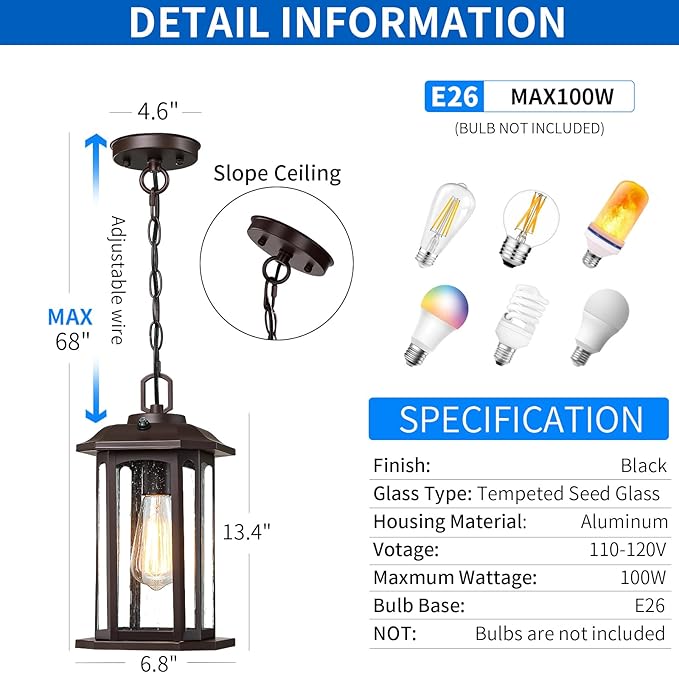 13.4'' Dusk to Dawn Outdoor Pendant Lights for Porch, Brown Hanging Porch Light with Seeded Glass, Waterproof Outdoor Chandelier Farmhouse Ceiling Light Fixture Lanterns, 1Pack