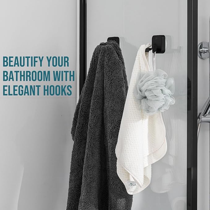 TAILI Patented Strong Suction Cup Hook, 304 Stainless Steel Bathroom Suction Cup Holder for Towel, Loofah, Bathrobe, Damage-Free Hanging Shower Wall Hook, Double-Hook Widening Design, 2 Pack, Black