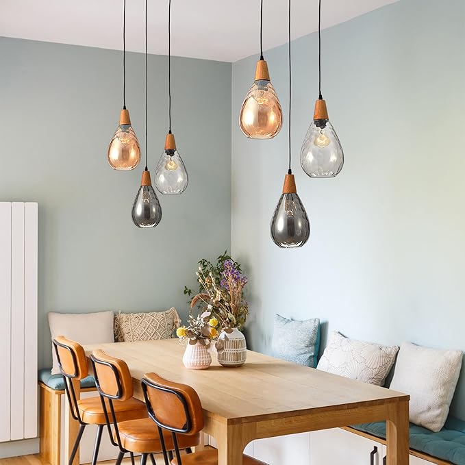 Modern Glass Pendant Light Fixtures, 3 Lights Hammered Glass Pendant Lights, Vintage Cluster Pendant Light in Matte Black Finish, Hanging Lamp for Dining Room Kitchen Sink Foyer Cafe Bar