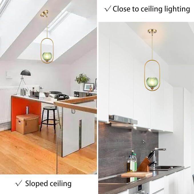 Modern Gold Globe Pendant Light with Green Globe Glass Lampshade Mid Century Chandelier 1-Light Brushed Brass Frame Ceiling Hanging Lighting Fixture for Kitchen Island Dining Room Bedroom