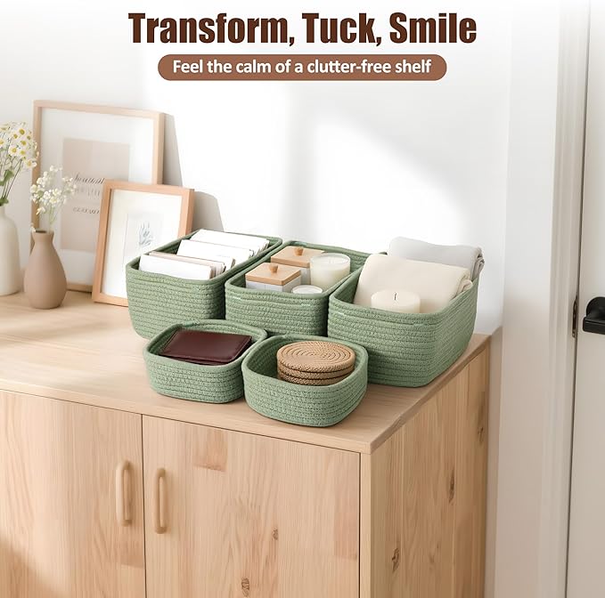 5-Pack Small Woven Rope Storage Baskets – 2 Sizes Organizer Bins for Closet, Shelf, Bookshelf, Nursery, Changing Table, Fabric Cube Boxes, Rectangular Shallow Bins for Bathroom, Toy & Home