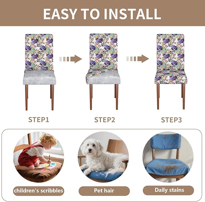 Stretch Dining Chair Covers Set of 8,Floral Print Chair Covers,Soft Removable Washable,Pet Friendly Furniture Protector,Universal Chair Slipcovers for Home, Kitchen,Ceremony Dining Room Seat