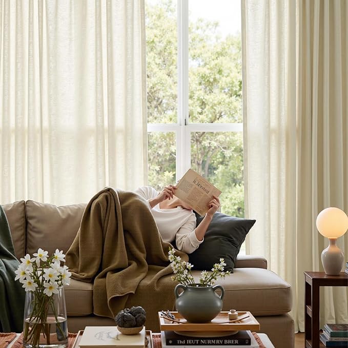 jinchan Linen Blend Curtains 90 inch Length 2 Panels for Bedroom Living Room, Light Filtering 50 inch Wide Farmhouse Drapes with Rod Pocket Back Tab(50W x 90L, Ivory)