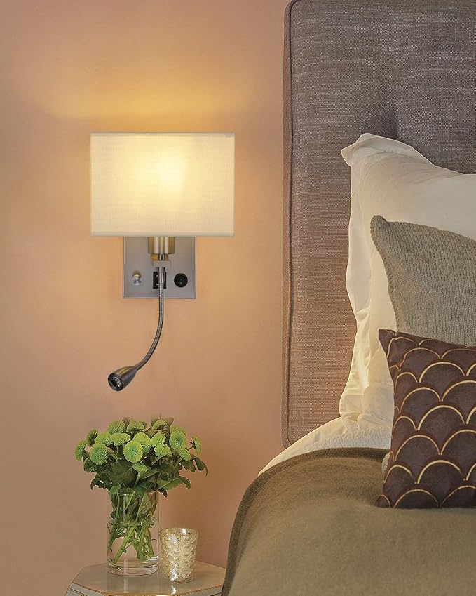 Wall Sconce Plug in Cord Set of 2, Bedside Wall Mount Lights with Dimmable Switch, LED Bedroom Wall Lighting Fixtures with Reading Lamp USB Ports Brushed Nickel