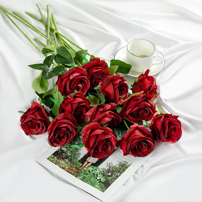 Hawesome 12PCS Artificial Silk Flowers Realistic Roses Bouquet Long Stem for Home Wedding Decoration Party (Wine Red 1)