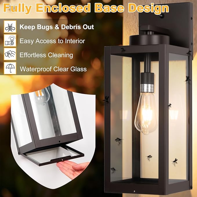 20" Large Dusk to Dawn Outdoor Wall Lantern with Closed Bottom - Oil Rubbed Bronze Outdoor Porch Lantern Wall Mounted, Waterproof Modern Outside Wall Sconce Coach Lamp for House, E26, 2 Packs