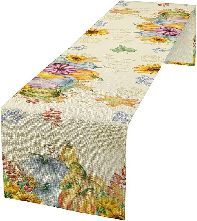 Fall Table Runner Watercolor Pumpkins Sunflowers Maple Leaves Baroque Floral Birds Country Thanksgiving Home Decor for Farmhouse Indoor Outdoor Party Holiday Dining Kitchen Restaurant Cafe W13xL36in
