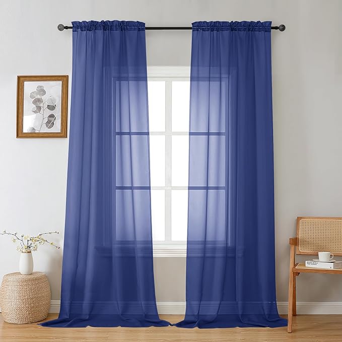 Gwine Royal Blue Sheer Curtains 96 Inches Long 2 Panels, Elegant Window Treatments Voile Curtains for Living Room, Light Filtering Rod Pocket Sheer Drapes, Each 42" Wx96