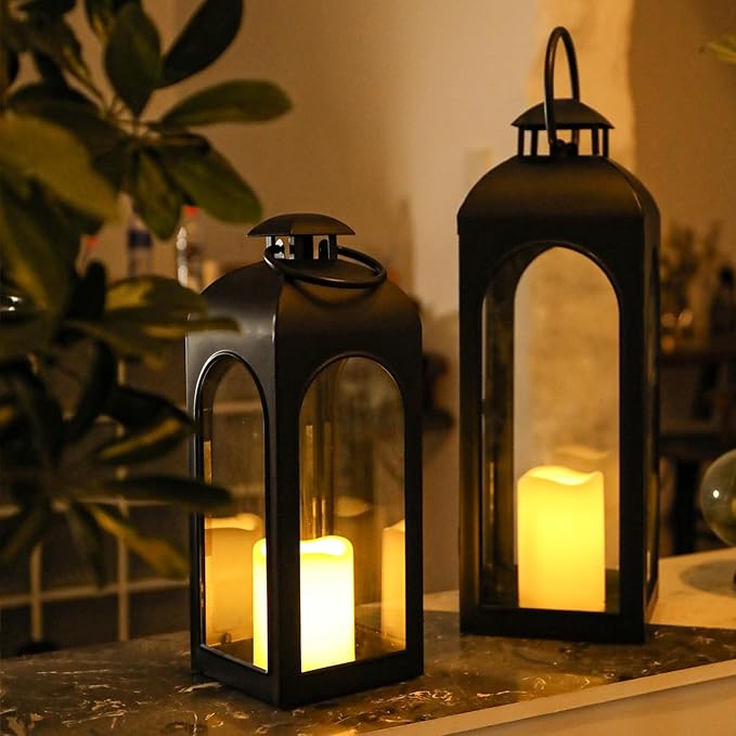 Bdor Lantern Decorative Candle Lantern 16 Inch Remote Vintage Set of 2 Decorations with Timer LED Metal Hanging Lantern for Home Outdoor Porch Decor Christmas Centerpieces Tables
