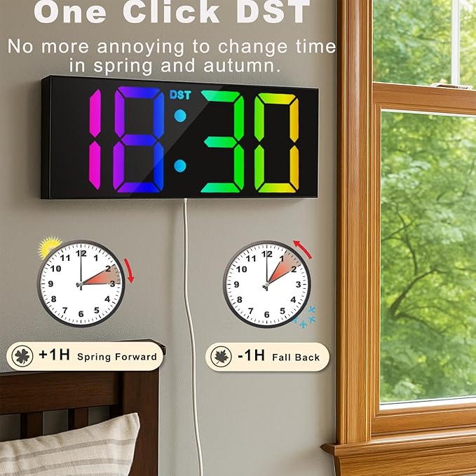 TrophyRak 12'' Large Digital Wall Clock, with Big LED Dispaly, RGB Colors, Dimmer, DST, Night Light for Classroom Livingroom Bedroom Wall Mounted, Birthday Xmas Gift for Senior, Men Womem, Black, RGB