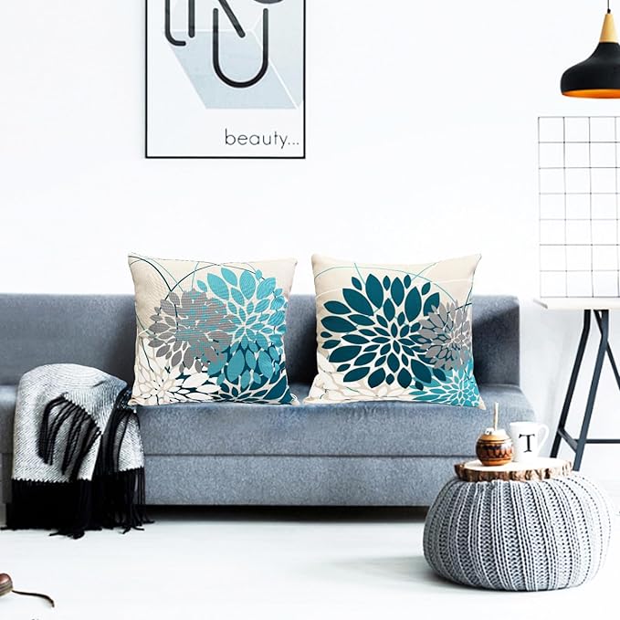 Decorative Throw Pillow Covers Set of 2 Teal Blue Pillow Covers 20x20 inch Linen Square Pillow Cases,Farmhouse Modern Geometric Floral Outdoor Pillow Cover for Couch Sofa Living Room Bedroom