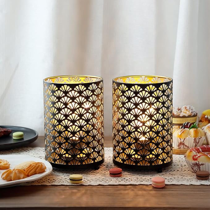 TRIROCKS Set of 6 Table Lamp 6.5'' Tall Metal Cordless Table Lamp Bronze Lanterns with Warm Fairy Lights Bulb for Patio Garden Wedding Parties Indoor Outdoor(Scalloped Hollow Pattern)