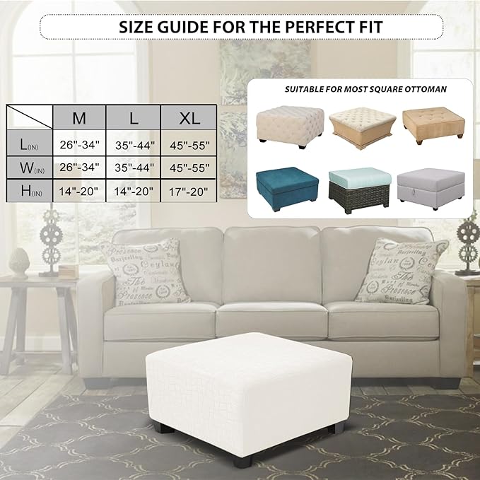 Square Ottoman Cover,Soft Stretch Jacquard Slipcover with Dual Waterproof Layers,Washable Furniture Protector for Pets,Medium,Beige