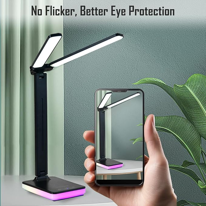 LED Double Head Desk Lamp with RGB Atmosphere Light, 5W USB Output, 5 Color Temp, Slide Steplessly Adjust Brightness, Touch Control, Foldable Table Light with Adapter (Black)