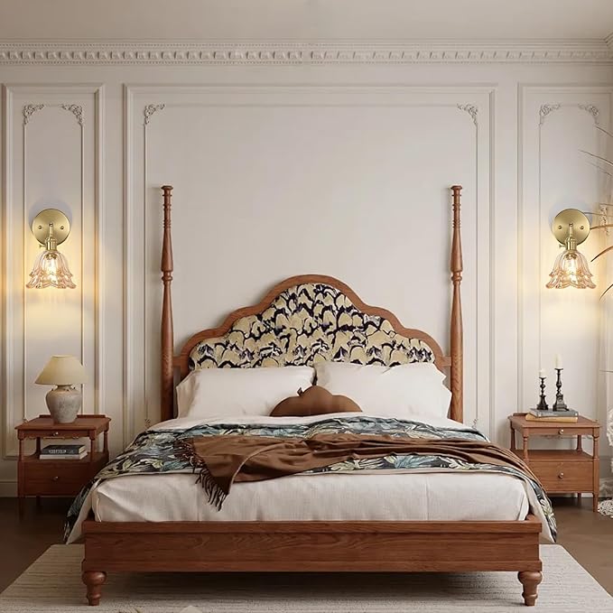 Vintage Wall Sconces, Rose Amber Lampshade & 180 Degree Adjustable, Brass Wall Lights, for Bedroom Living Room Hallway Aisle, Bulbs Not Included, ETL Listed