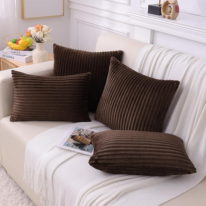 Simmore Decorative Christmas Throw Pillow Covers 24x24 Set of 2, Soft Natural Plush Flannel Double-Sided Fluffy Couch Pillow Covers for Sofa Living Room, Brown