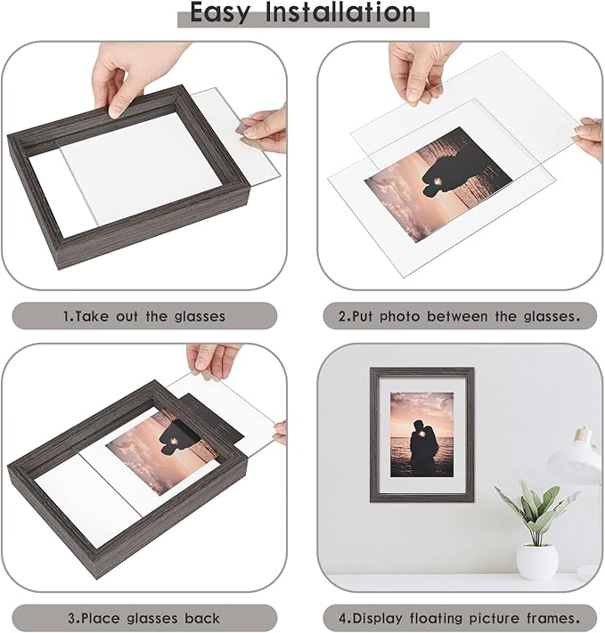 MUYE Square 12x12 Floating Frame in Gray,Double Glass Picture Frame for Wall Mount or Tabletop Standing with Hanging Hardware Included,Display Photo up to 12x12,2 Pack