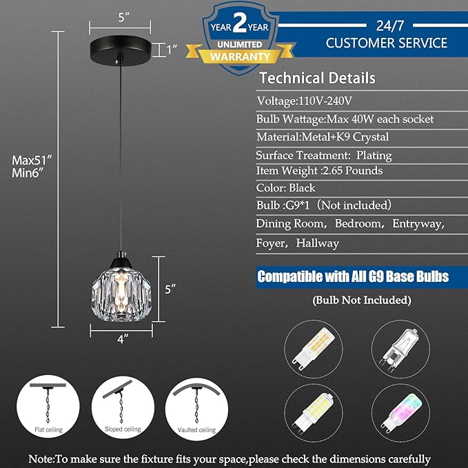 Crystal Chandeliers for Dining Room Lights Fixture Over Table, 1-Light Black Modern Pendant Light Fixture，Crystal Pendant Lighting for Kitchen Island Bathroom Bar