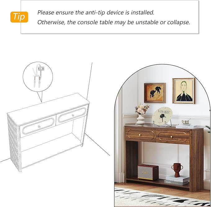 ORRD Fluted Console Table with Drawers, Mid-Century Narrow Entryway Table with Open Storage Shelves, Hallway Accent Tables Behind Couch Tables for Living Room (Walnut)
