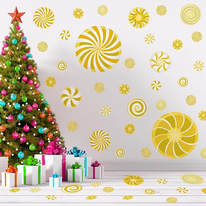 77 Pcs Christmas Candy Wall Decals Decorations Christmas Wall Stickers Gold Peppermint Candy Floor Decals for Xmas Candyland Party Decorations