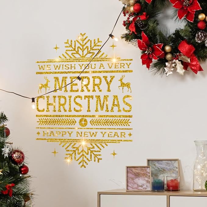 clothmile 4 Sheets Gold Merry Christmas Wall Decals Gold Christmas Snowflake Wall Stickers Decor Removable Christmas Wall Decals for Xmas Holiday Party Supplies Home Window Merry Christmas Decor