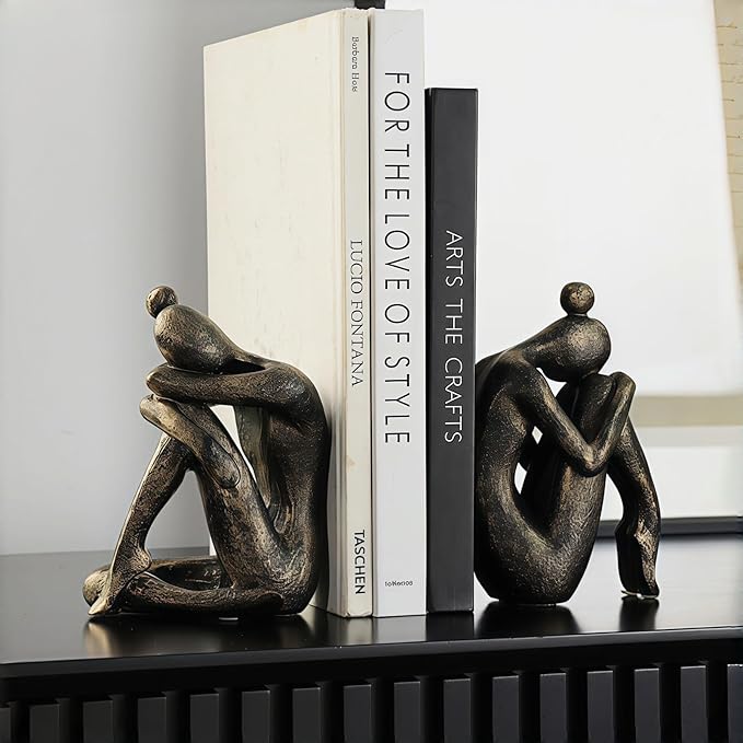 Decorative Resin Bookends for Shelves - Heavy Duty Book Ends Holder, Stopper for Office Desk, Bookshelf Organizer, Book Support (2 Pack)