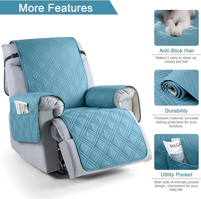 TAOCOCO 100% Waterproof Recliner Chair Cover, Non Slip Recliner Covers for Recliner Chair with Pocket, Washable Reclining Chair Cover Furniture Protector for Kids, Pets(23.6'', Sky Blue)