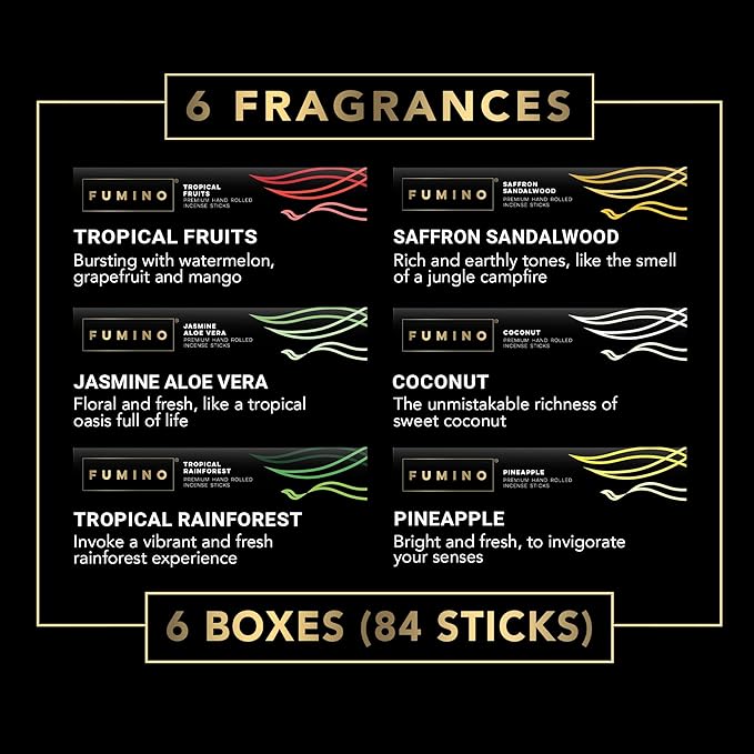 Incense Sticks Fumino Fresh Handmade Multipack Tropical Tastes Bundle 6 Boxes 84 Pieces (3oz) Masala Agarbatti Joss Scent Fragrance for Relaxation and Meditation, Home and House Decor