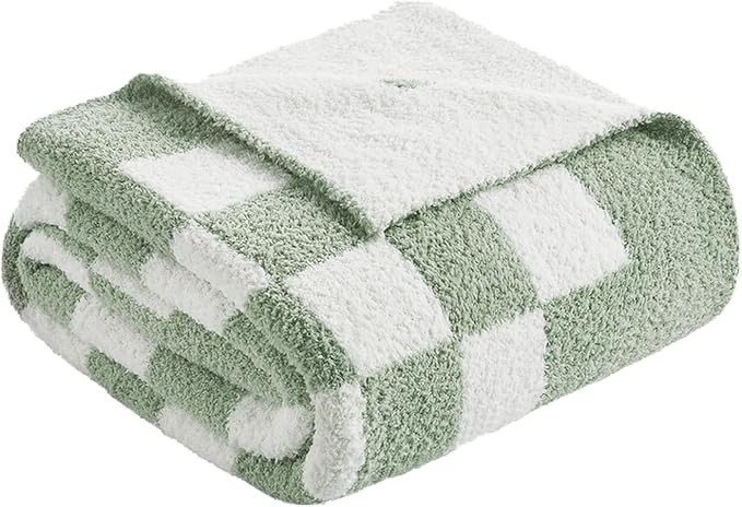 Snuggle Sac Checkered Throw Blanket for Couch, Super Soft, Cozy Warm Knit Blankets, Reversible Plaid Fluffy Throws for Sofa, Bed, Checkered Sage Green, 50x60 Inches