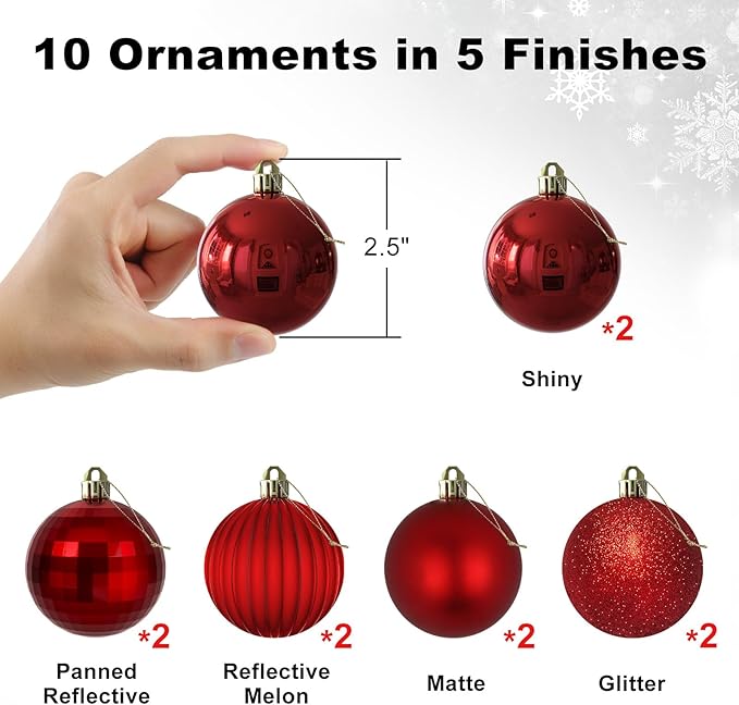 Rose Red 2.5" Christmas Balls Christmas Tree Decoration Ornaments Shatterproof Hanging Balls for Birthday Halloween Holiday Wedding Decorations Set of 10pcs