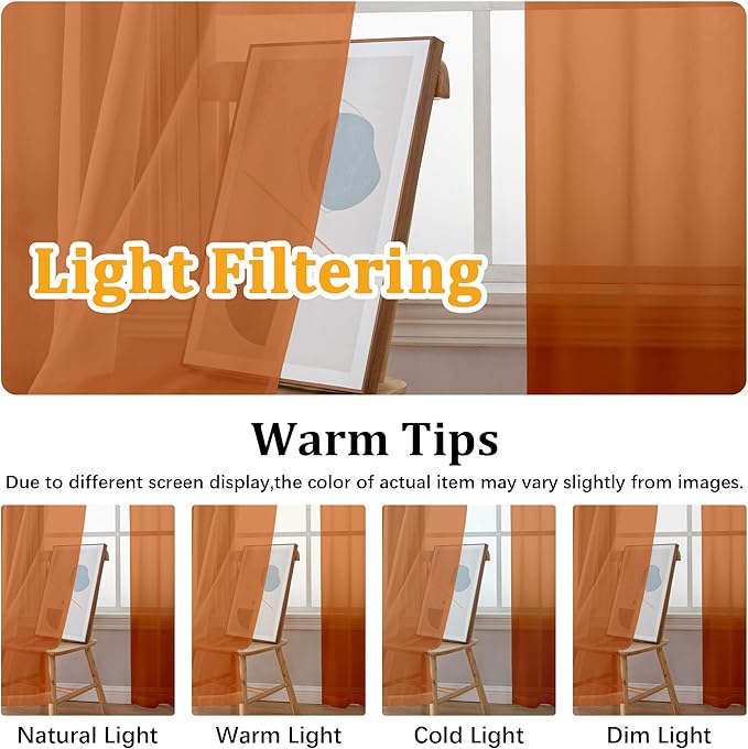 Gwine Burnt Orange Sheer Curtains for Living Room 45 inches Long, Short Voile Light Filtering Window Treatments Sheer Curtains for Bedroom, Fall Half Window Drapes with Rod Pocket, Each 42 Wx45 L