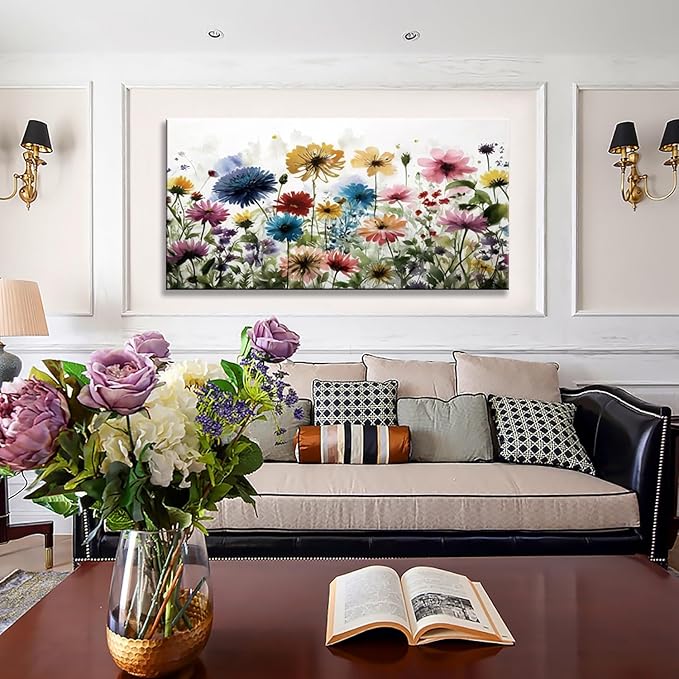 KZKU Flower Wall Art Canvas Prints Home Decor for Living Room Dining Room Bedroom Office Bathroom Multi-colored Watercolor wildflowers Pictures Wall Decor 20" x 40" Artwork