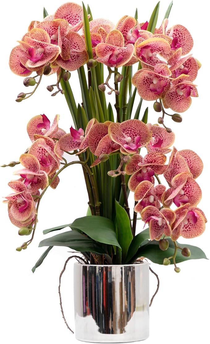 CXGS Artificial Orchid Flower Plants Real Touch Faux Orchids in Ceramic Vase 20.9'' Purple Dapple Phalaenopsis Orchid Fake Flower Arrangement Home Indoor Decor
