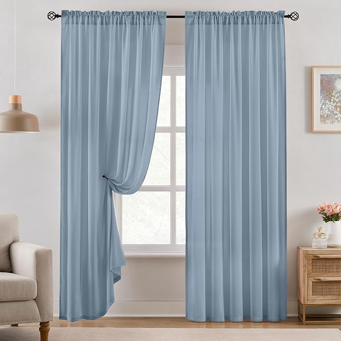 HOMEIDEAS Non-See-Through Stone Blue Privacy Semi Sheer Curtains 96 Inches Long 2 Panels Set Light Filtering Curtains for Living Room Bedroom Drapes,W52xL96