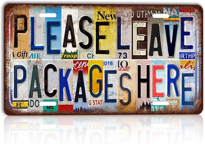 Vintage License Plate Metal Sign Please Leave Packages Here Funny Delivery Driver Porch Decor For Front Door Mailbox 12x6 Inch