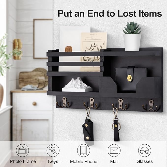 Mail and Key Holder for Wall – Decorative 15.9” x 8.7” x 3.2” Entryway Organizer with Shelf – Paulownia Wood with 4 Dual Hooks Includes Mounting Hardware and Installation Guide