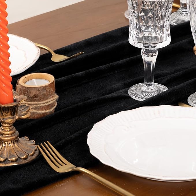 Socomi Black Velvet Valentine's Day Table Runner Cloth Decor 20 x 120 Inches 10ft Fabric Luxurious Thanksgiving Wedding Runner for New Year Bridal Shower
