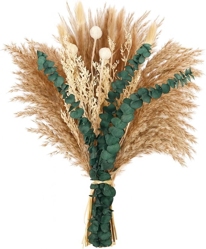 Musunny Dried Pampas Grass Decor ,17" Dried Flowers for Vase, Boho Dried Flower Bouquet with Eucalyptus for Farmhouse Home Room Office Décor