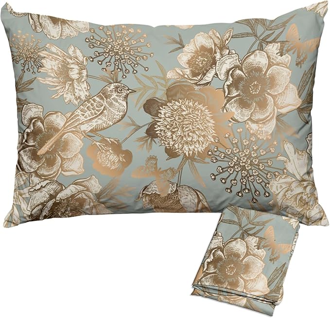 Chinoiserie Pillow Protectors with Zipper Standard Size Vintage Floral Birds Print Pillow Covers Set of 2 Rustic Nature Gold Flowers Pillow Cases Antique Mid Century Modern Bed Pillow Covers 20"X30"