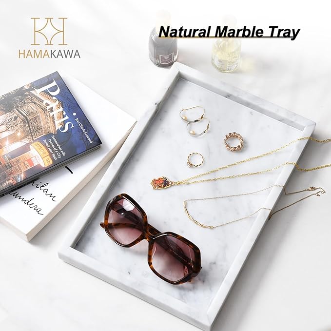 Large Bathroom Vanity Tray, Real Natural Marble Tray 12 inch, Carrara White Stone Toilet Tank Trays, Modern Dresser Trays, Countertop Organizer for Kitchen Counter, Soap Dispenser