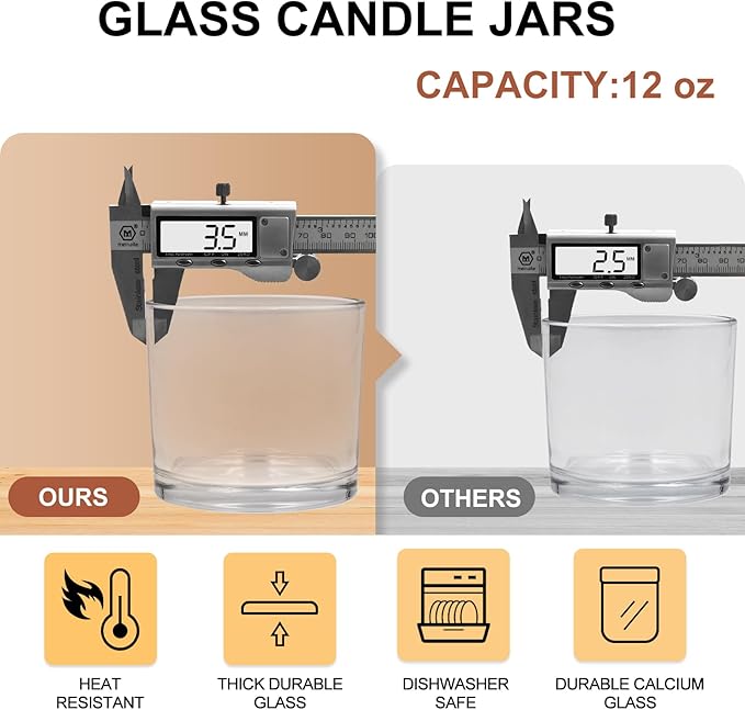 12 OZ Thick Candle Jars for Making Candles 6 Pcs, Empty Jars with Wood Lids for Spice Jars, Sample Container, Clear