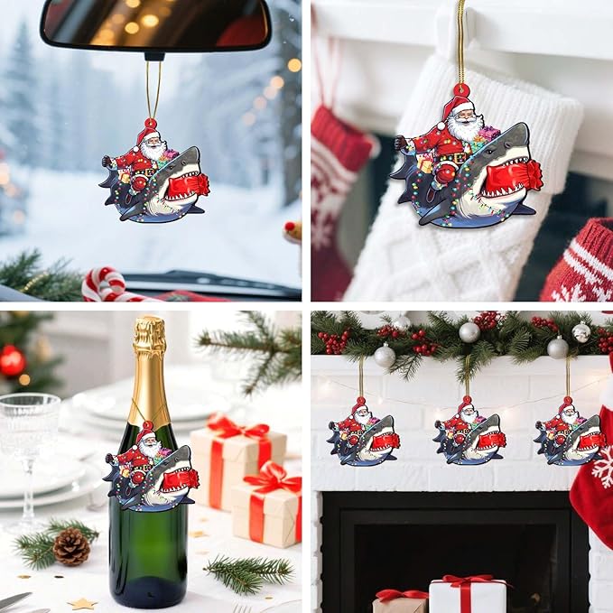 Santa Ornament - Wooden Xmas Tree Hanging Decorations - Santa Riding Shark Christmas Home Decor - Christmas Ornament Gifts - 2 Side Printed Ornaments