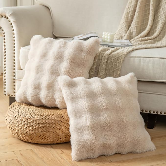 Yaertun Pack of 2 Beige Thick Soft Wool Decorative Throw Pillow Covers 16x16 Inch Faux Fur Plush Fluffy Cushion Covers for Sofa Couch Bedroom