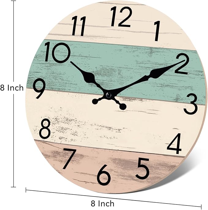Wall Clock Silent Non-Ticking Wooden Clocks Battery Operated 8 Inch Small Country Retro Rustic and Beach Style Decorative for Kitchen, Home, Bathroom, Bedroom (Green)