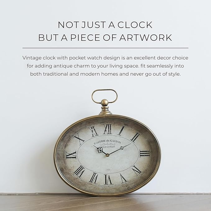 Vintage Decorative Wall Clock - 16 inch, Oval Pocket Watch Design, Retro Gold, Roman Numerals, Battery Operated, Large Antique Wall Clock for Living Room, Entryway, Kitchen, Bedroom, Bathroom, Office