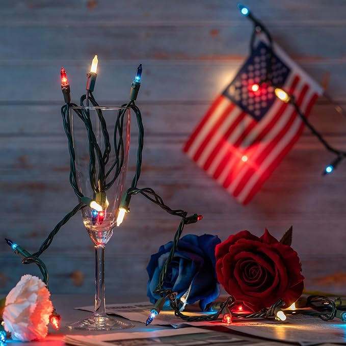 YULETIME 200 Red White & Blue Christmas Lights, Pack of 2 Sets 33 Feet 100 Count UL Certified Incandescent-Like String Lights