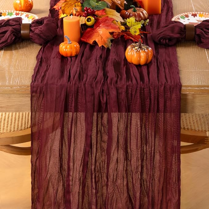 MLMC 8 Pack Burgundy Cheesecloth Table Runner Boho Rustic Gauze Fall Wine Red Cheese Cloth Table Runner Cheese Cloth Decor 35x120 Inches for Wedding Winter Reception Christmas Home Decor