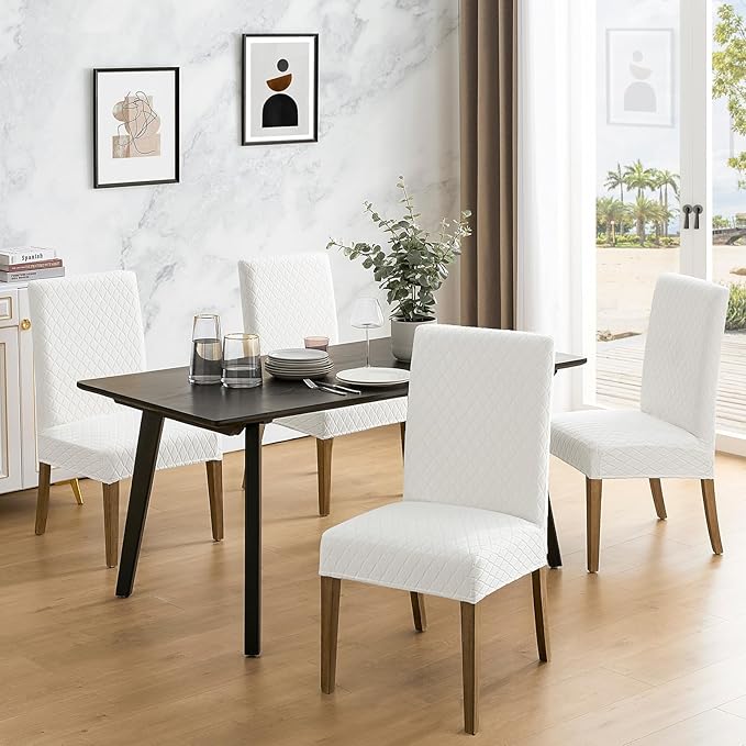 MOSAYT 100% Waterproof Dining Room Chair Covers Set of 4, Super Fit Stretch Jacquard Parson Chairs Slipcovers Removable Washable Chair Seat Protectors for Home, Kitchen, Banquet (White - XL)