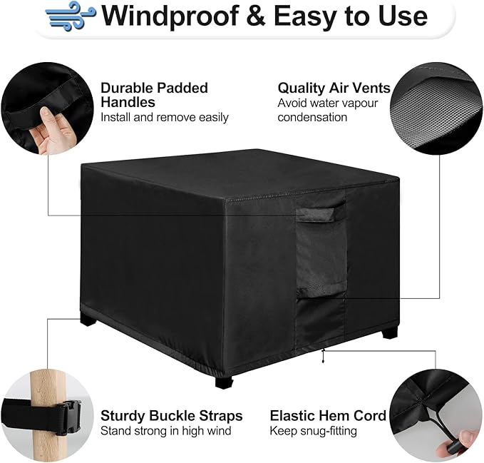 OutdoorLines Outdoor Waterproof Patio Ottoman Covers - Square UV-Proof Patio Side Table Cover Windproof Heavy-Duty Furniture Covering Protector 21L x 21W x 17H Inch, Black